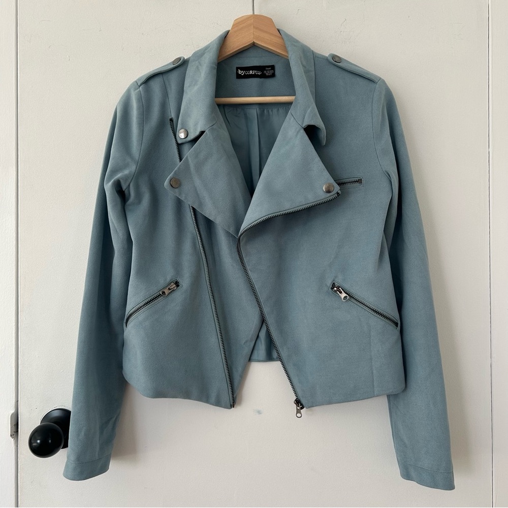 BY CORPUS LIGHT BLUE VELVET MOTO JACKET SIZE S